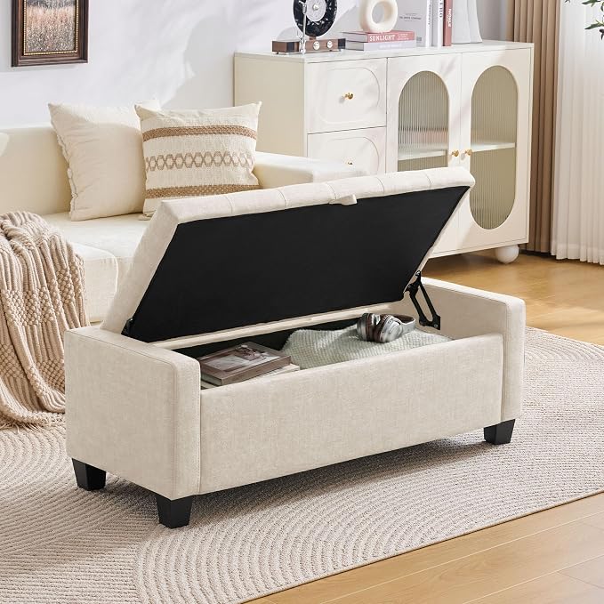 Huatean Home 43" Ottoman with Storage, Beige Storage Ottoman Bench | Upholstered Entryway Bench with Seating for Bedroom, Living Room, with Safety Hinge Holds up to 330 lb