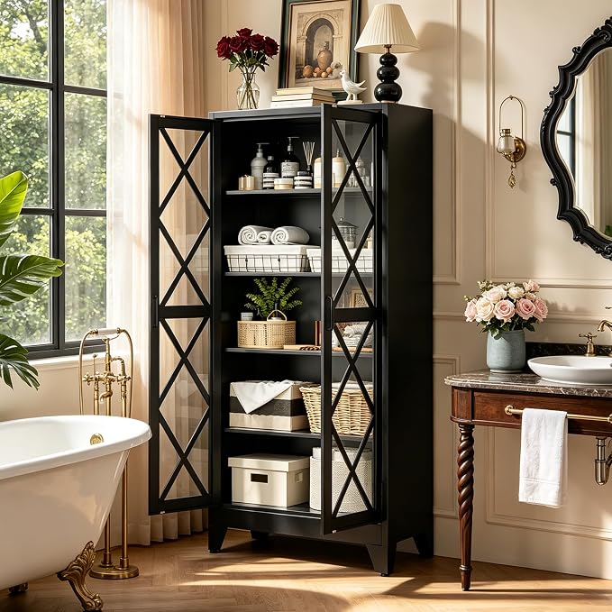 71"H Black Pantry Kitchen Cabinet with Doors,Black Storage Cabinets,Freestanding Pantry Cabinet,Farmhouse Food Storage Cabinets,Tall and Large Pantry Cabinets for Kitchen, Dining Room, Living Room