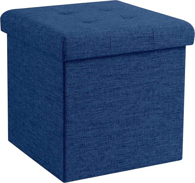 Ornavo Home 15 Inch Folding Storage Ottoman Cube, Tufted Linen, Navy Blue | Upholstered Cube with Lid; Foot Rest Stool; Ideal for Bedroom, Living Room or Entryway