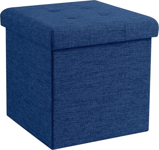 Ornavo Home 15 Inch Folding Storage Ottoman Cube, Tufted Linen, Navy Blue | Upholstered Cube with Lid; Foot Rest Stool; Ideal for Bedroom, Living Room or Entryway