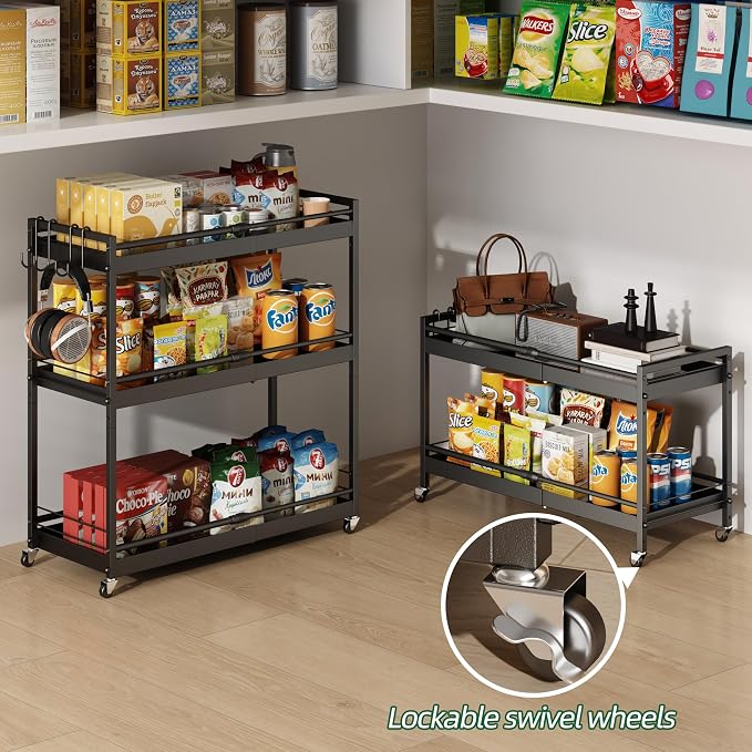 2 Tier Expandable Rolling Cart with wheels, pantry organizers and storage | kitchen Storage Cart for cans,food,snack and appliances，Adjustable shelf board height，Black,12.59"D×19.29-30.9"W×19.29"H