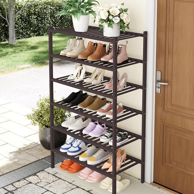 Smiry Bamboo Shoe Rack, 14 Vertical Slats, 6 Tier - 26.8" Wide, Brown | Stackable Free Standing Wooden Shoe Organizer, Wood Shoe Storage Shelf for Closet, Entryway, Thicher Leg