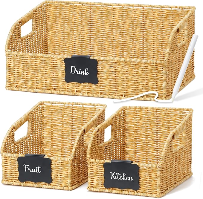 Pantry Organizers and Storage Basket for Organizing with Handles,Handwoven Large Wicker Baskets for Shelves - Waterproof Plastic Storage Bins, Boho Decorative, 3Pack, Natural