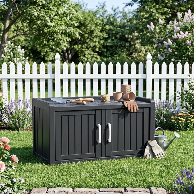 ROJIK Shoe Bench Waterproof UV-Resistant, 2-Tier Storage Cabinet for Outdoor Indoor with Adjustable Shelves, for Entryway Bedroom, Hallway, Living Room(Double Door Premium,Black)
