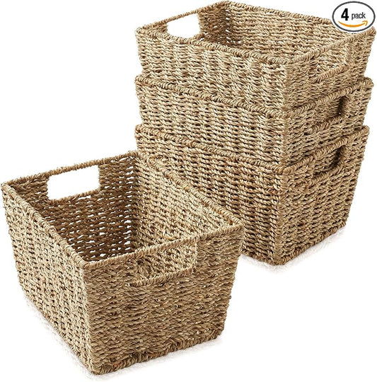 Casafield Set of 4 Seagrass Hyacinth Storage Baskets with Handles - Natural, Woven Storage Bins for Shelves, Blankets, Laundry Organization