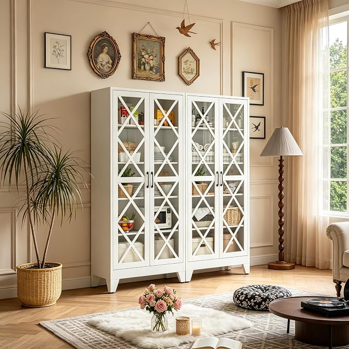 71"H White Pantry Kitchen Cabinet with Doors,Black Storage Cabinets,Freestanding Pantry Cabinet,Farmhouse Food Storage Cabinets,Tall and Large Pantry Cabinets for Kitchen, Dining Room, Living Room