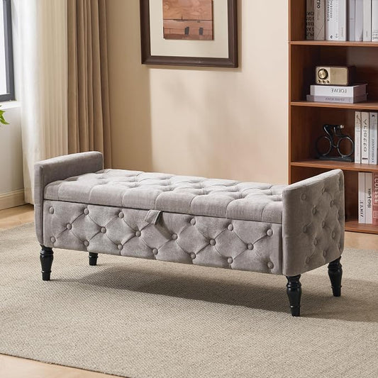 Royal Windsor 48" Ottoman with Storage,Tufted Storage Bench with Safety Hinge,Holds up to 350 lb,Black Wood Legs,Upholstered Bench with Arms for Bedroom,Living Room,Entryway,Linen Light Gray