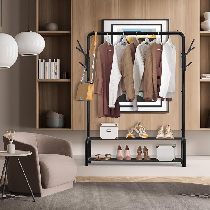 Simple Houseware 52" W Freestanding Closet Garment Rack with Shelves, Black | With 600D Fabric Shelves, Hanger Stoppers, and Hooks for Coat & Hat
