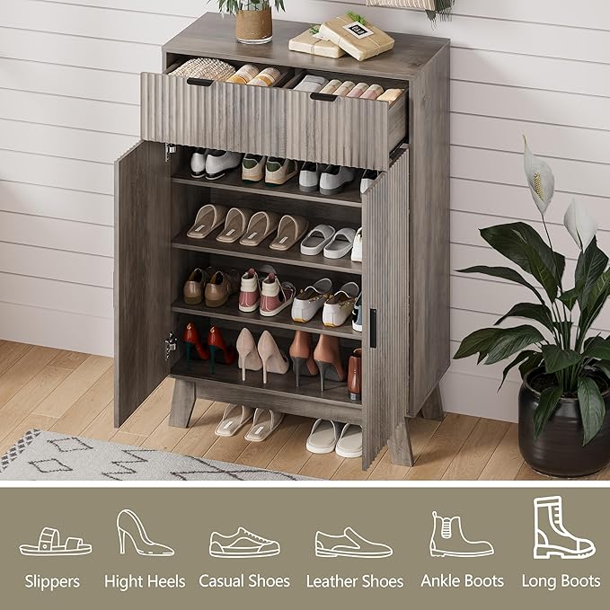 HUANLEGO Shoe Cabinet Storage for Entryway with Doors, Grey | 4 Tier Fluted Shoe Organizer with 2 Drawers, Shoe Storage with Adjustable Shelves, Freestanding Hidden Shoe Rack for Entryway