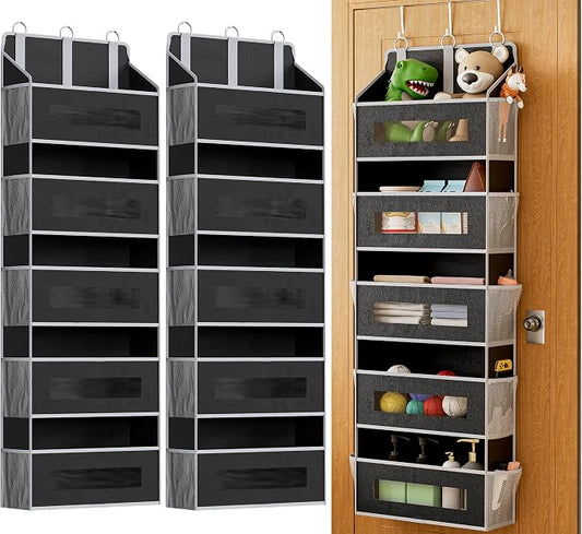 2 Pcak 5 Tier Over The Door Organizer - Large Capacity Behind Door Hanging Shelves with 10 Mesh Pockets and Clear Windows, Closet Organizers and Storage for Bathroom, Bedroom, Nursery, Black