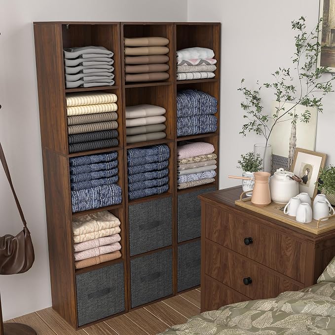 5 Cube Storage Organizer, Narrow Open Shelf Bookcase, Freestanding 5 Tier Low Display Bookshelf for Home Office, Living Room, Bedroom, Dark Brown & Black Walnut