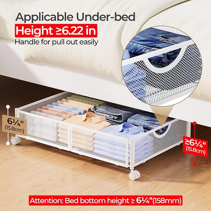 Yecaye Under Bed Storage with Wheels, 2 Pack Under Bed Shoe Storage Organizer Drawer, Tool-free Assembly Metal Underbed Storage Containers for Clothes, Shoes, White