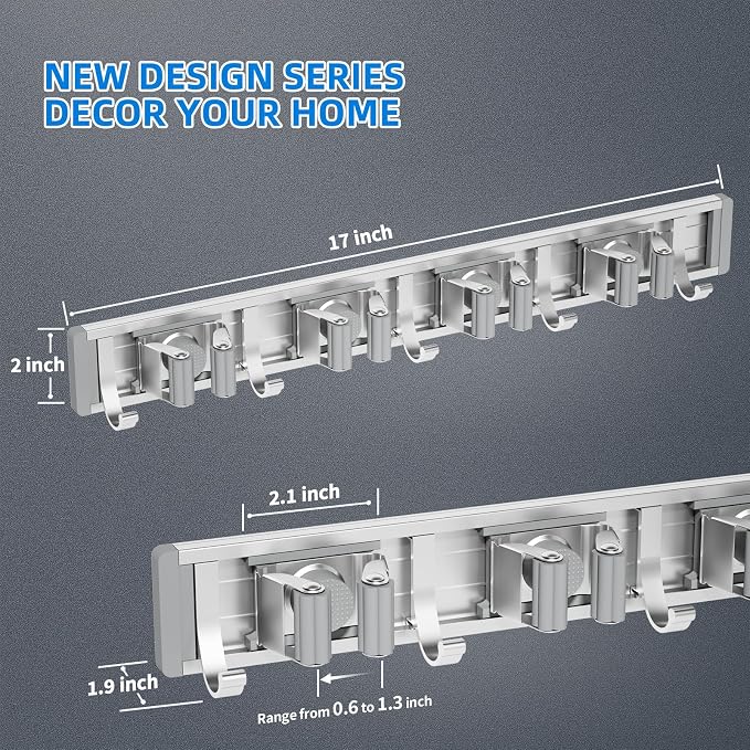 reliahom Broom Holder Wall Mount Mop Hanger Tools organizer 4Racks 5Hooks | Adjustable Stick or Screw Mop Broom Wall Hanging Tool Storage Rack Space-saving for Garage,Kitchen,Laundry Room,Garden,Silver