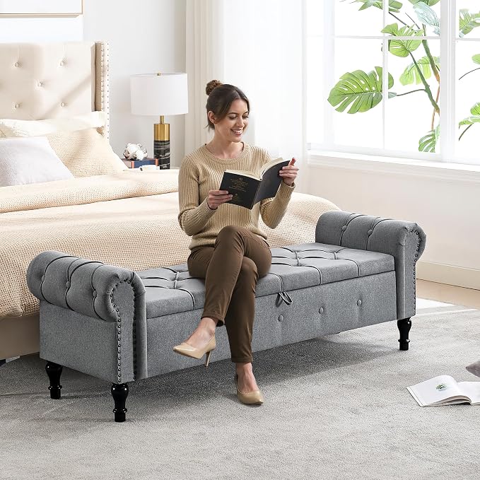 Storage Bench 67" Linen End of Bed Benches Grey | King Size Storage Bench for Bedroom with Rolled Arms Tufted Ottoman Benches Upholstered Bench for Living Room Entryway