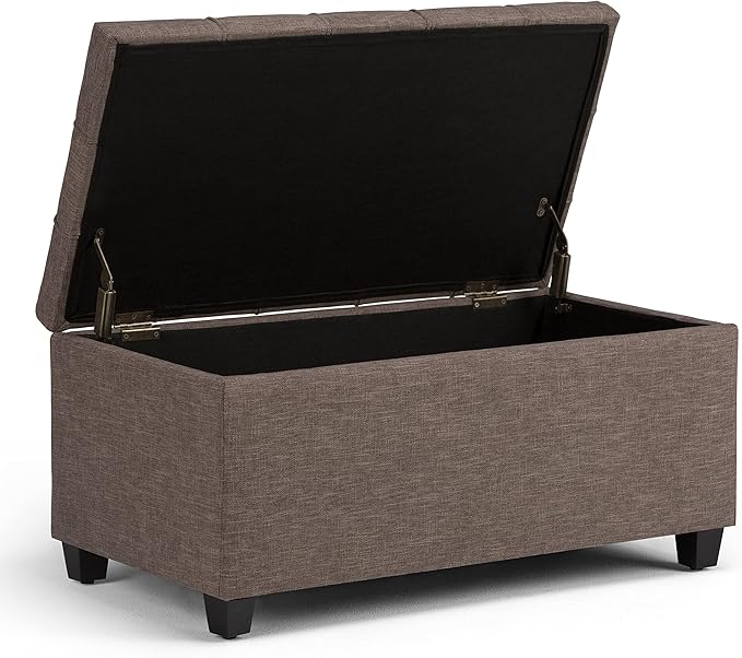 SIMPLIHOME Sienna 33" Wide Vegan Leather Storage Ottoman in Satin Cream | Tanners brown, transitional ottoman with tufting and lift-up lid; rectangle storage bench for living room or entryway.