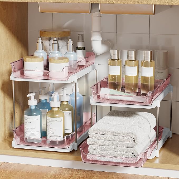 Delamu 2-Tier Multi-Purpose Bathroom Under Sink Organizers and Storage, Stackable Kitchen Pantry Organization, Pull Out Medicine Cabinet Organizer with Movable Dividers, Light Pink, 2 Pack