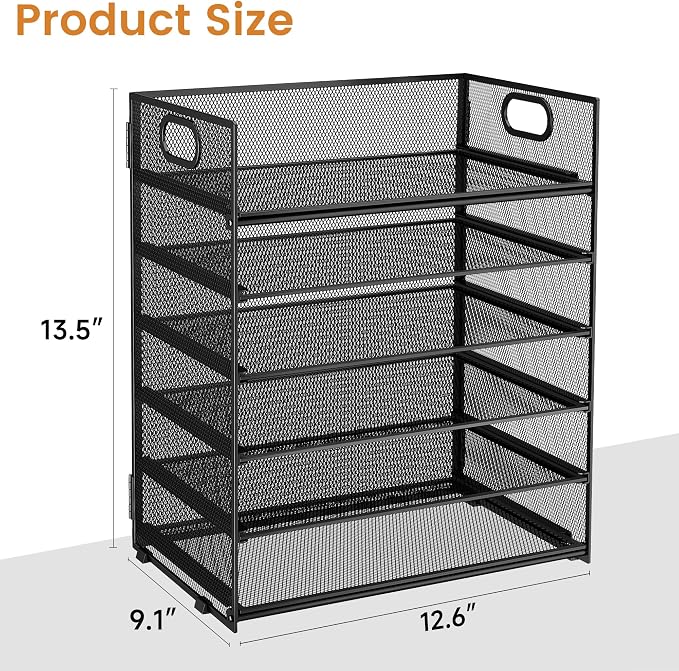 Subekyu 6 Tier Paper File Tray Organizer for Desk, Black Mesh Desk Letter Paper File Folder Accessories Sorter Organizer with Handle, Stackable Slide Tray for Office, Home or School Supplies Storage