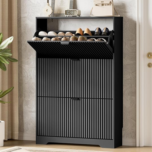 Xixini Shoe Storage Cabinet for Entryway with 3 Flip Drawers, Hidden Slim Wood Shoe Organizer with Modern Fluted Panel, Freestanding Narrow Shoe Rack for Front Door Entrance, Hallway, Foyer, Black