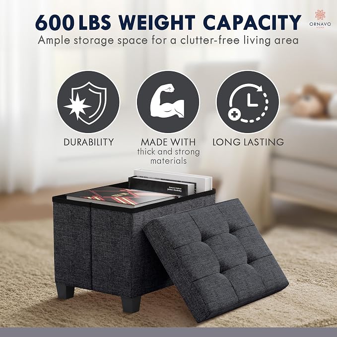Ornavo Home Small Rectangle Storage Ottoman with Legs, 12x16x12, Black | Foot Rest Stool Seat; Holds Up to 600 lbs; Ideal for Living Room, Bedroom, Home Office or Dorm