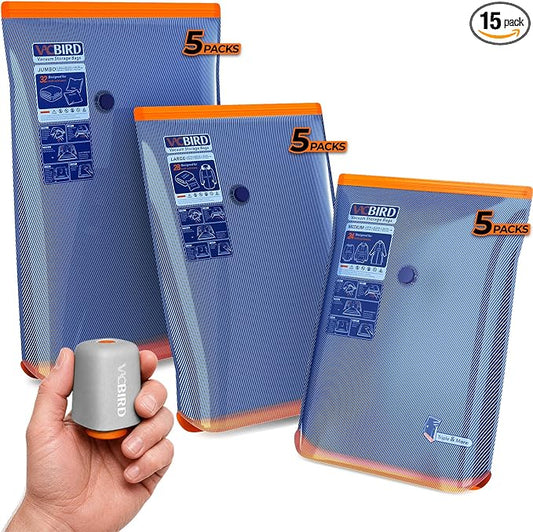 Vacbird Vacuum Storage Bags with Rechargeable Cordless Pump,15 Pack 3 Sizes Compression Packing Seal Bags, Space Saver for Clothes and Clothing Comforters, Blankets, Bedding and Closet Space Saving