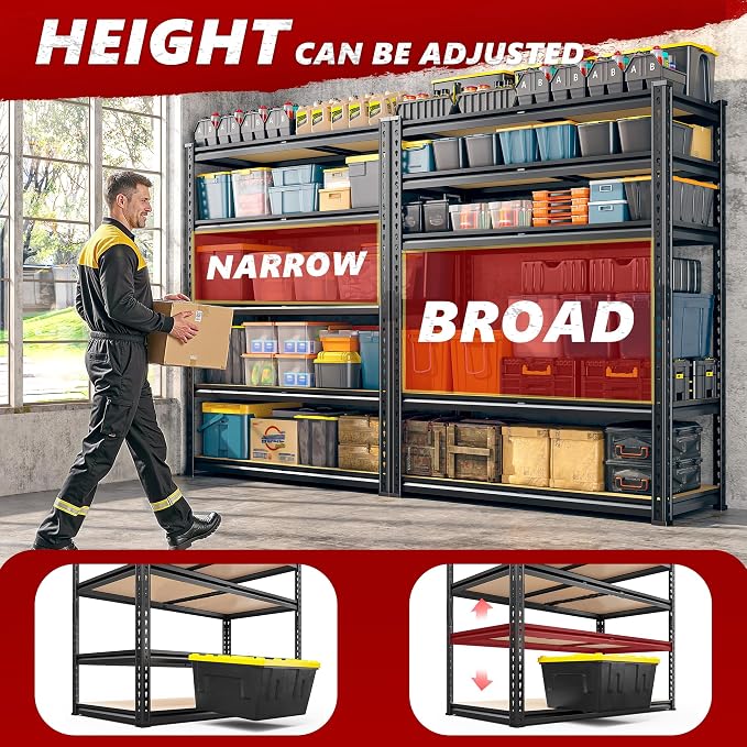 REIBII 2400LBS Storage Shelves 5 Tier Garage Shelving Heavy Duty Adjustable Garage Shelves, Utility Rack Shelf, Shelving Units for Storage Warehouse Pantry Closet, 35.5" W x 11.9" D x 72" H, 3 Pack