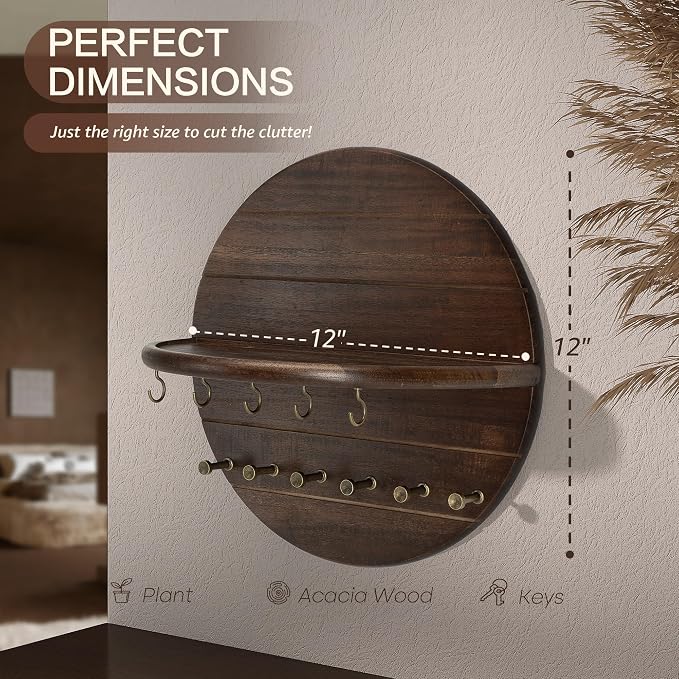 Rebee Vision Acacia Wood Key Holder Wall Mount for Room Decor, Dark Brown | Round Shape Design, Key Holder with Wall Shelf, Rich Wood Grain, Dual Hooks, Entryway Organizer, Home Finds for Living Room