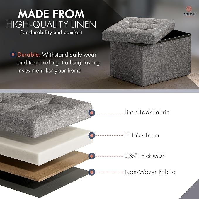 Ornavo Home Small Rectangle Storage Ottoman, Linen, 12x16x12, Dark Gray | Collapsible Cube Design; Foot Rest Stool Seat; Ideal for Living Room, Bedroom, Home Office or Dorm