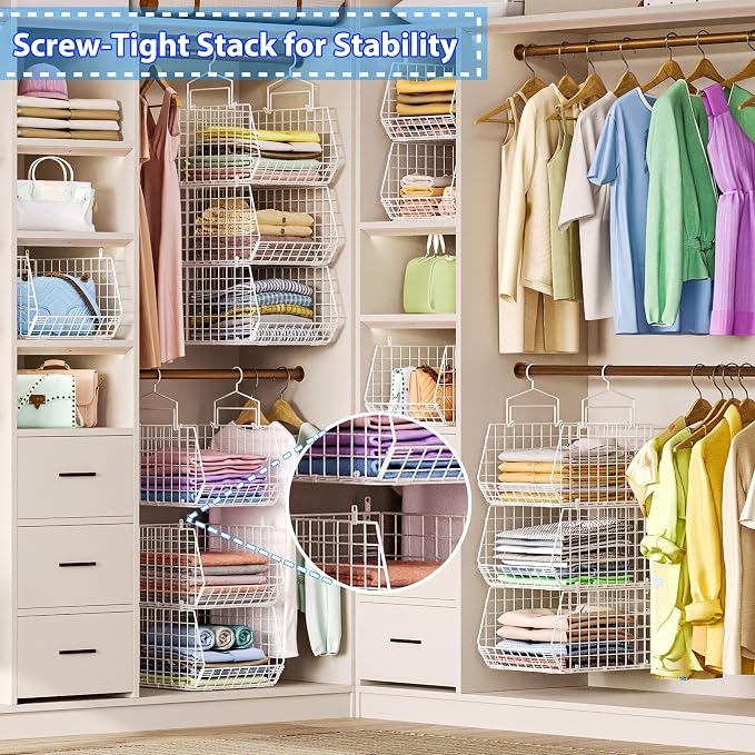 6 Tier Extended Depth Hanging Closet Organizer, Closet Storage Hanging Shelves with Hanging Hooks for Clothes Sweaters Towels Handbags, Stackable Metal Mesh Bins For Closet, Laundry, Bathroom, Dorm