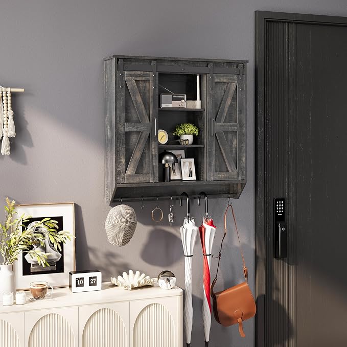 Trironsun Farmhouse Medicine Cabinet 2 Sliding Barn Doors 3 Tier Rustic Wood Wall Storage Cabinet Adjustable Shelf Towel Bar Wall Mounted Bathroom Wall Cabinet
