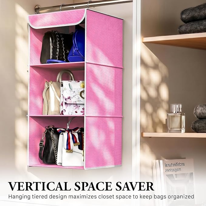 Simple Houseware 3 Shelf Hanging Closet Organizer, Pink | 360° Rotating Dual Hooks, Top Support Metal Frame