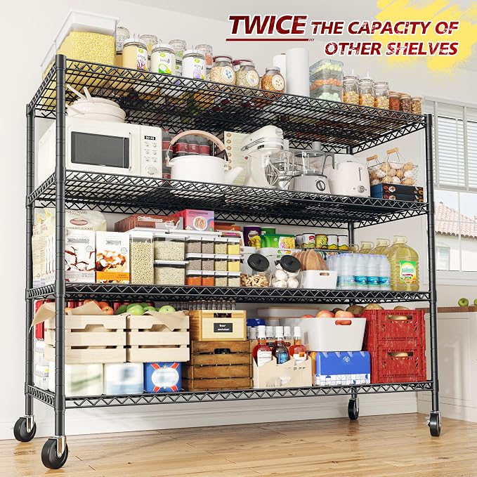 REIBII 55.52''W Storage Shelves 2480LBS Wire Shelving Unit with Wheels Heavy Duty Metal Shelves for Storage Adjustable Garage Storage Rack Pantry Shelf,75.62" H X 55.52''W X 24.02" D,3PCS