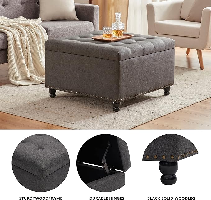 Tbfit Large Square Storage Ottoman Bench, Tufted Upholstered Coffee Table with Storage, Oversized Storage Ottomans Toy Box Footrest for Living Room, Dark Grey