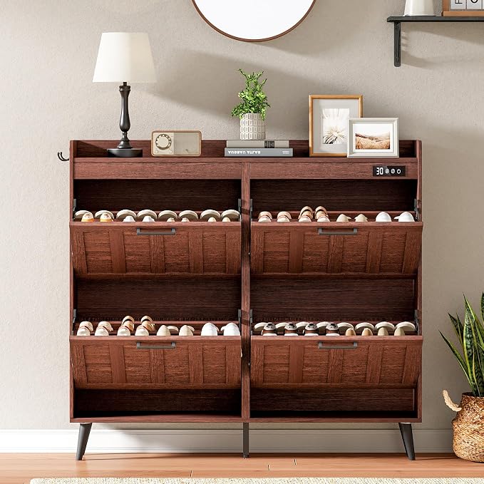 ChooChoo Shoe Storage Cabinet with 4 Flip Drawers and Deodorizer | Shoe Organizer Storage for Entryway, Freestanding Hidden Slim Narrow Shoe Rack Cabinet, Walnut