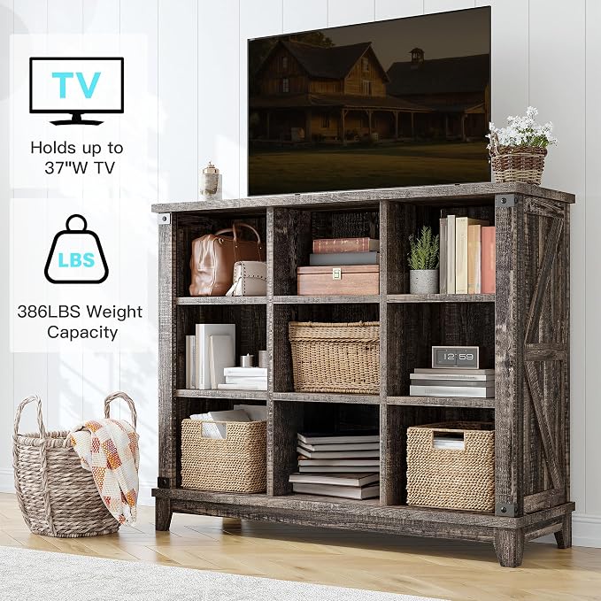 EnHomee Farmhouse 9-Cube Storage Organizer for Living Room, Black Oak | Home Organization Lovers, Wood & Metal, Holds 386 Lbs, Anti-Tip & Stabilizers