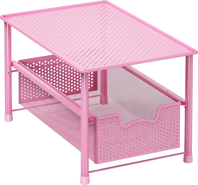 Simple Houseware Stackable Under Sink Sliding Basket Drawer, Pink | Perforated Free Standing Organizer, Kitchen/Pantry/Cabinet/Counter