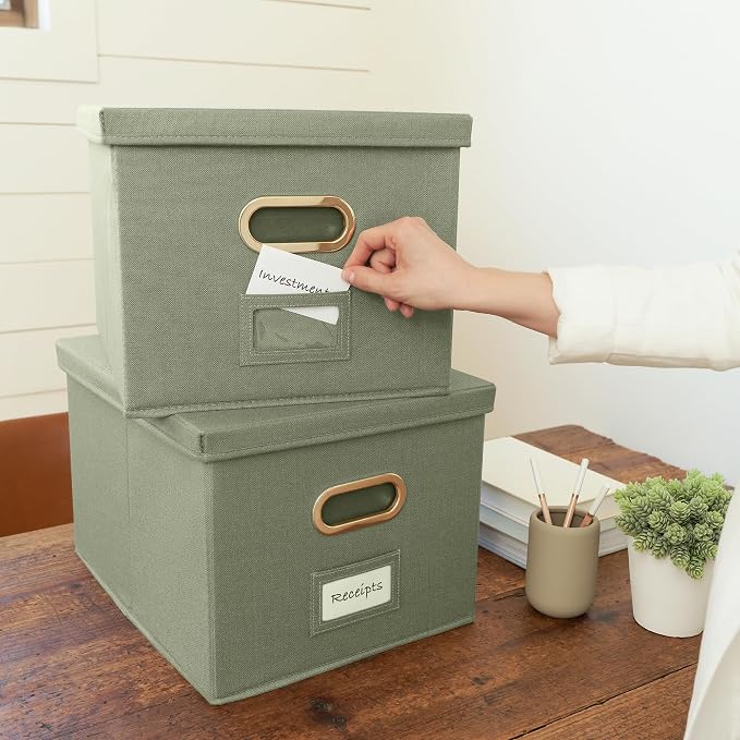 Decorative File Organizer Box Set of 2 - Collapsible Linen Filing Cabinets with Handles Are Perfect to Store All Your Documents & Hanging File Folders - Portable Easy Slide Office Crates with Lid