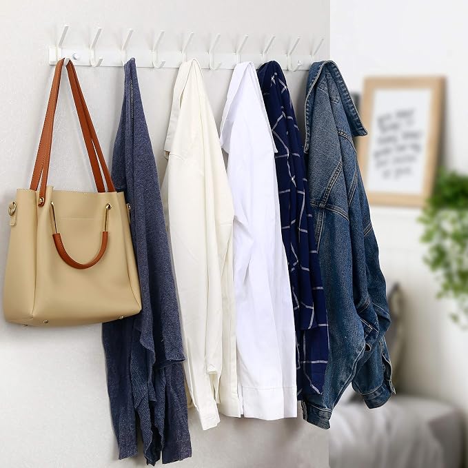 WEBI Coat Rack Wall Mounted,10 Hooks,30" Long Coat Hooks Wall Mount,Coat Hanger Wall,Hook Rack,Jacket Hooks for Hanging Coats,Hats,Clothes,White,2 Packs