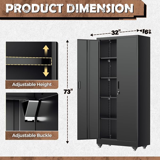 INTERGREAT Metal Storage Cabinet with Wheels, 73" Rolling Storage Cabinets with Door and 4 Shelves, Tall Storage Cabinets Locker on Caster for Home, Office, Black