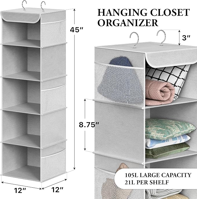 Simple Houseware 5 Shelf Hanging Closet Organizer, Gray | 360° Rotating Dual Hooks, Top Support Metal Frame, 6 Side Mesh Pockets