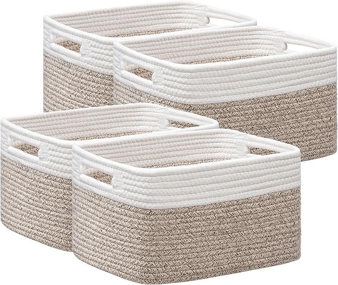 4 Pack Storage Baskets for Organizing, Woven Baskets for Shelves, White&Light Brown