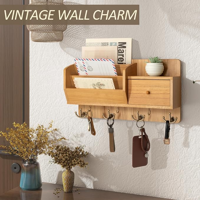 Rebee Vision Key Holder Wall Mount with Drawer for Entryway, Yellow | 3 Mail Sorters, Drawer Storage, 7 Hooks, Sorts Letter, Stores Small Items, Mail and Key Organizer for Wall, for Entryway