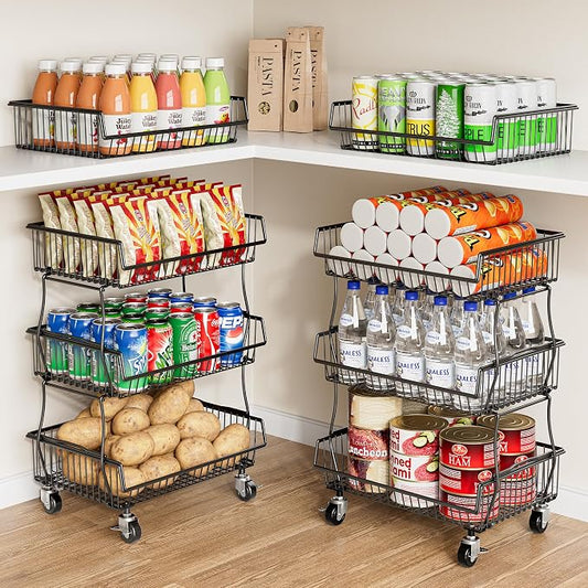 OKZEST Pantry Organizers and Storage Cart with Upgraded Metal Hub Casters | Fits under pantry shelf, Stackable fine-mesh wire baskets, 3-Tier rolling cart holds drink, snack, can, potato, onion, fruit
