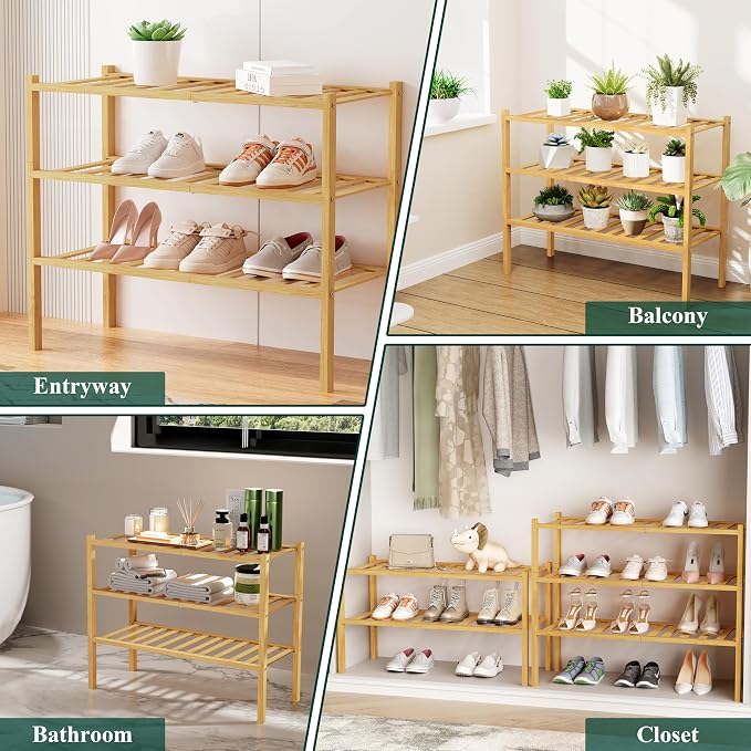Smiry Bamboo Shoe Rack, 12 Vertical Slats, 4 Tier - 33.7" Wide, Natural | Stackable Free Standing Wooden Shoe Organizer, Wood Shoe Storage Shelf for Closet, Entryway