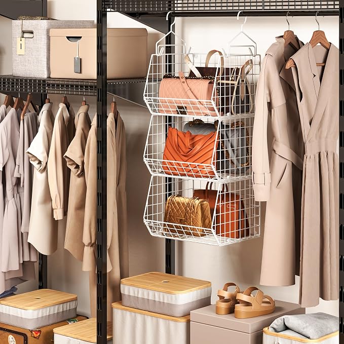 X-cosrack 3 Tier Foldable Closet Organizer, Clothes Shelves with 5 S Hooks, Wall Mount&Cabinet Wire Storage Basket Bins, for Clothing Sweaters Shoes Handbags Clutches Accessories-White Patent Design