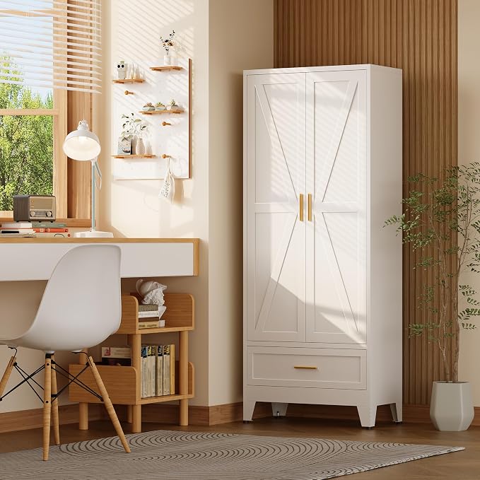 71“H Kitchen Pantry Cabinet with Drawers,Tall Kitchen Pantry Cabinets,Metal Food Storage Cabinets, White Pantry Cabinet with 4 Doors, Large Freestanding Cabinets for Dining Room, Living Room