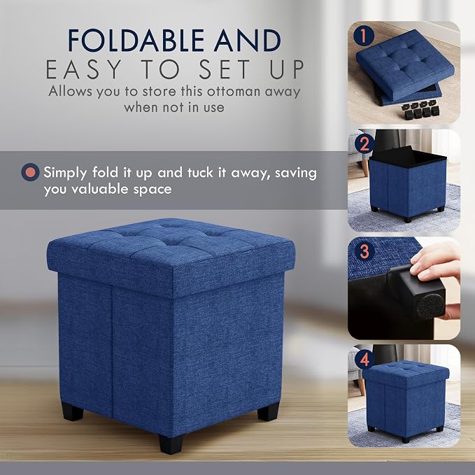 Ornavo Home Square Cube Storage Ottoman with Legs, 15x15x15, Navy Blue | Foot Rest Stool Seat; Holds Up to 600 lbs; Ideal for Living Room, Bedroom, Home Office or Dorm