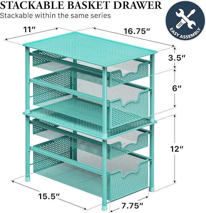 Simple Houseware Stackable 2 Tier Sliding Basket Drawer, Turquoise