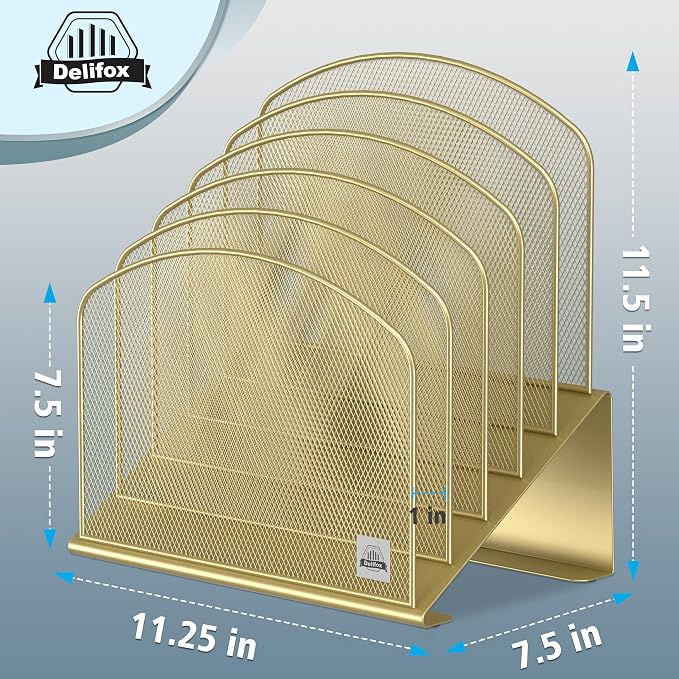 Delifox Inclined Desk File Organizer,Vertical File Folder Holder Stand Metal Rack File Sorter for Office Classroom Desktop Organization (1, Gold, 5)
