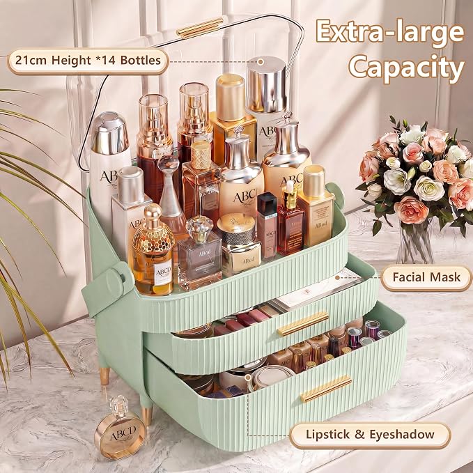 NestOrganix Makeup Organizer Skincare Organizers With Drawers | Cosmetic Display Cases with Transparent Cover, Skincare Organizers for Bathroom Countertop, Bedroom Vanity Desk, Green