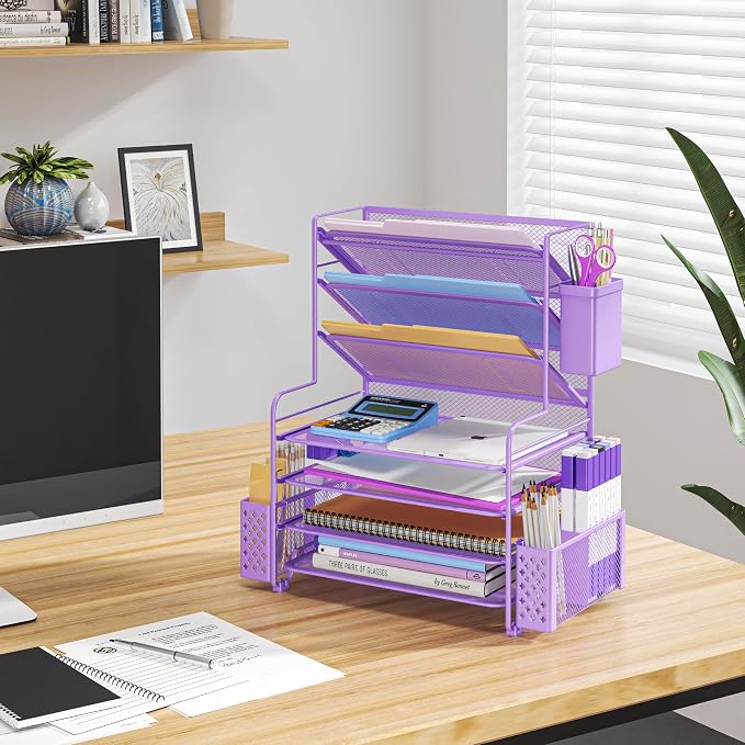 Simple Trending 7 Tier Desk File Organizer, Letter Tray Paper Organizer with Pen Holder and Metal Hanging Basket, Purple